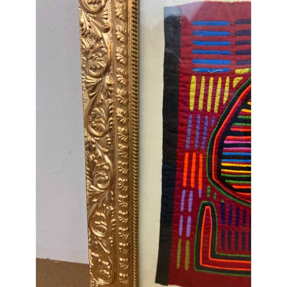 Vintage Cloth Tapestry Ornate Gold Gilt Framed Mola Kuna Textile Panama Folk Art